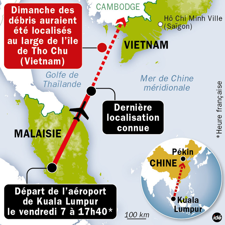 carte de localisation des debris possibles du vol mh370