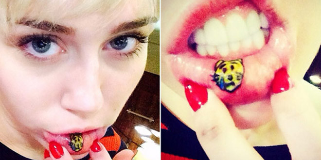 Le tatouage en smiley de chat de Miley Cyrus sur sa lèvre.